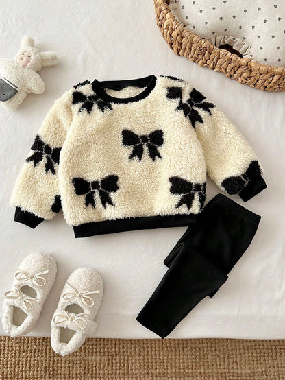 Baby Girl Bowknot Pattern Crew Neck Long Sleeve Sweatshirt And Pants Casual Set
