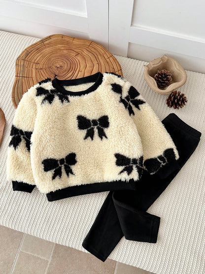 Baby Girl Bowknot Pattern Crew Neck Long Sleeve Sweatshirt And Pants Casual Set