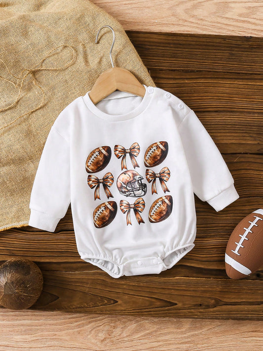 Baby Girl Casual Cute Daily All-Match Versatile Football & Bow Design Long Sleeve Loose Fit Comfy Knit Bodysuit, Suitable For Spring & Autumn