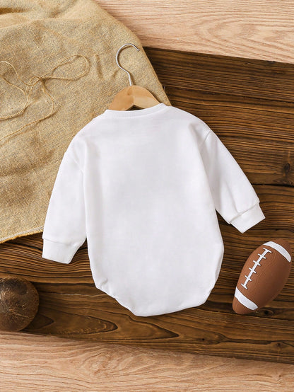 Baby Girl Casual Cute Daily All-Match Versatile Football & Bow Design Long Sleeve Loose Fit Comfy Knit Bodysuit, Suitable For Spring & Autumn