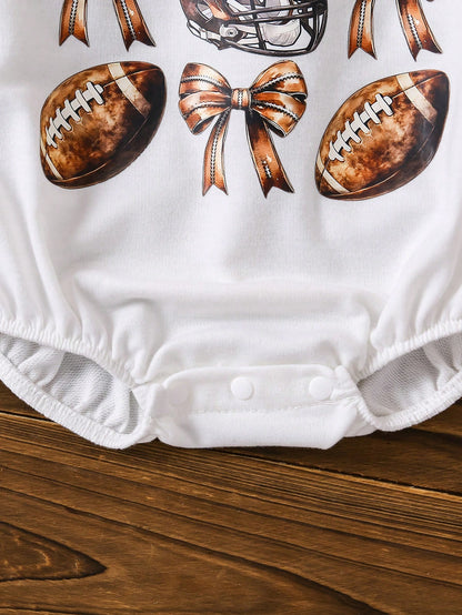 Baby Girl Casual Cute Daily All-Match Versatile Football & Bow Design Long Sleeve Loose Fit Comfy Knit Bodysuit, Suitable For Spring & Autumn