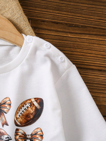 Baby Girl Casual Cute Daily All-Match Versatile Football & Bow Design Long Sleeve Loose Fit Comfy Knit Bodysuit, Suitable For Spring & Autumn