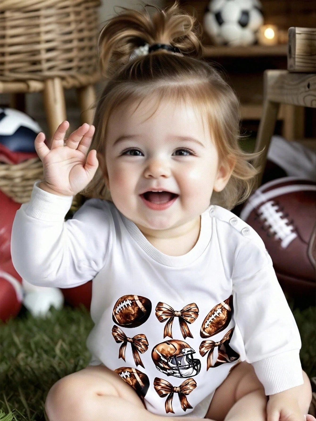 Baby Girl Casual Cute Daily All-Match Versatile Football & Bow Design Long Sleeve Loose Fit Comfy Knit Bodysuit, Suitable For Spring & Autumn