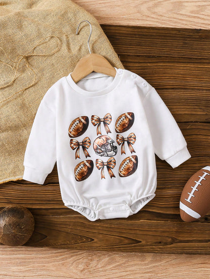 Baby Girl Casual Cute Daily All-Match Versatile Football & Bow Design Long Sleeve Loose Fit Comfy Knit Bodysuit, Suitable For Spring & Autumn