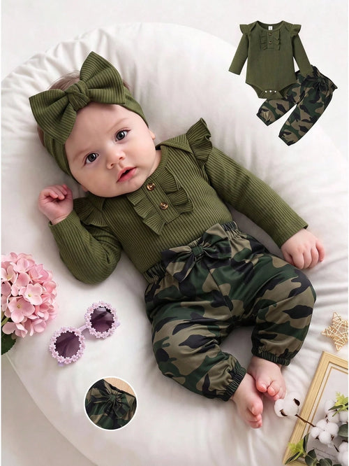 Baby Girl Fashion Minimalist Long Sleeve Ruffle Bodysuit & Camo Print Bow Decor Casual Pants Set, Spring