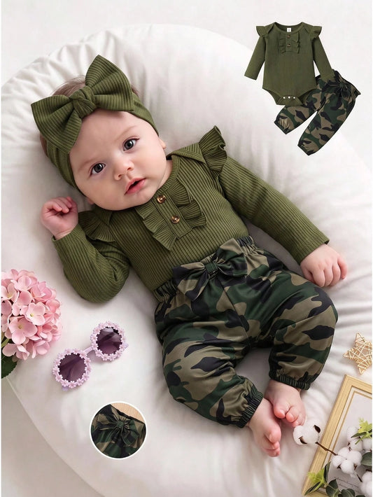 Baby Girl Fashion Minimalist Long Sleeve Ruffle Bodysuit & Camo Print Bow Decor Casual Pants Set, Spring
