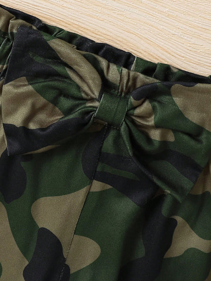 Baby Girl Fashion Minimalist Long Sleeve Ruffle Bodysuit & Camo Print Bow Decor Casual Pants Set, Spring