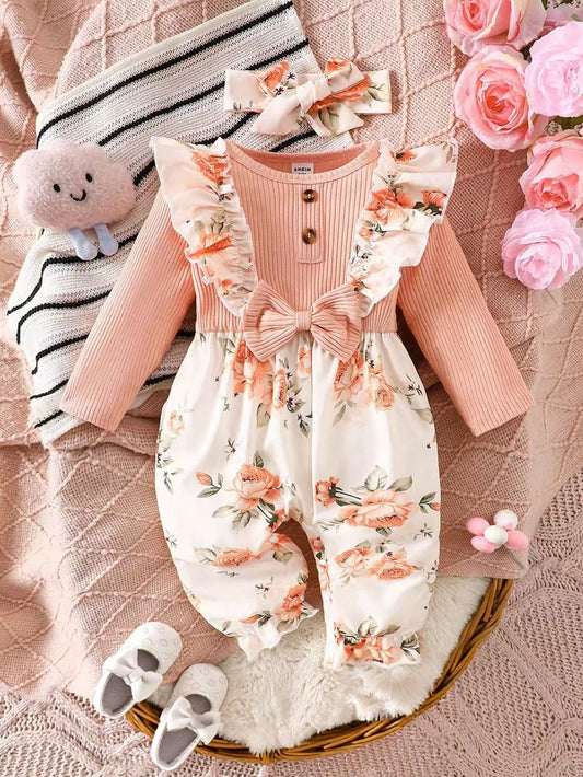 Baby Girl Floral Print Ruffle Trim Long Sleeve CuteRuffledPinkWovenLightweightBreathableClassicEasy-Care Jumpsuit With Bow Decor