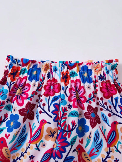 Baby Girl Knitted Solid Color Top And Flower Pattern Shorts Set For Summer Vacation