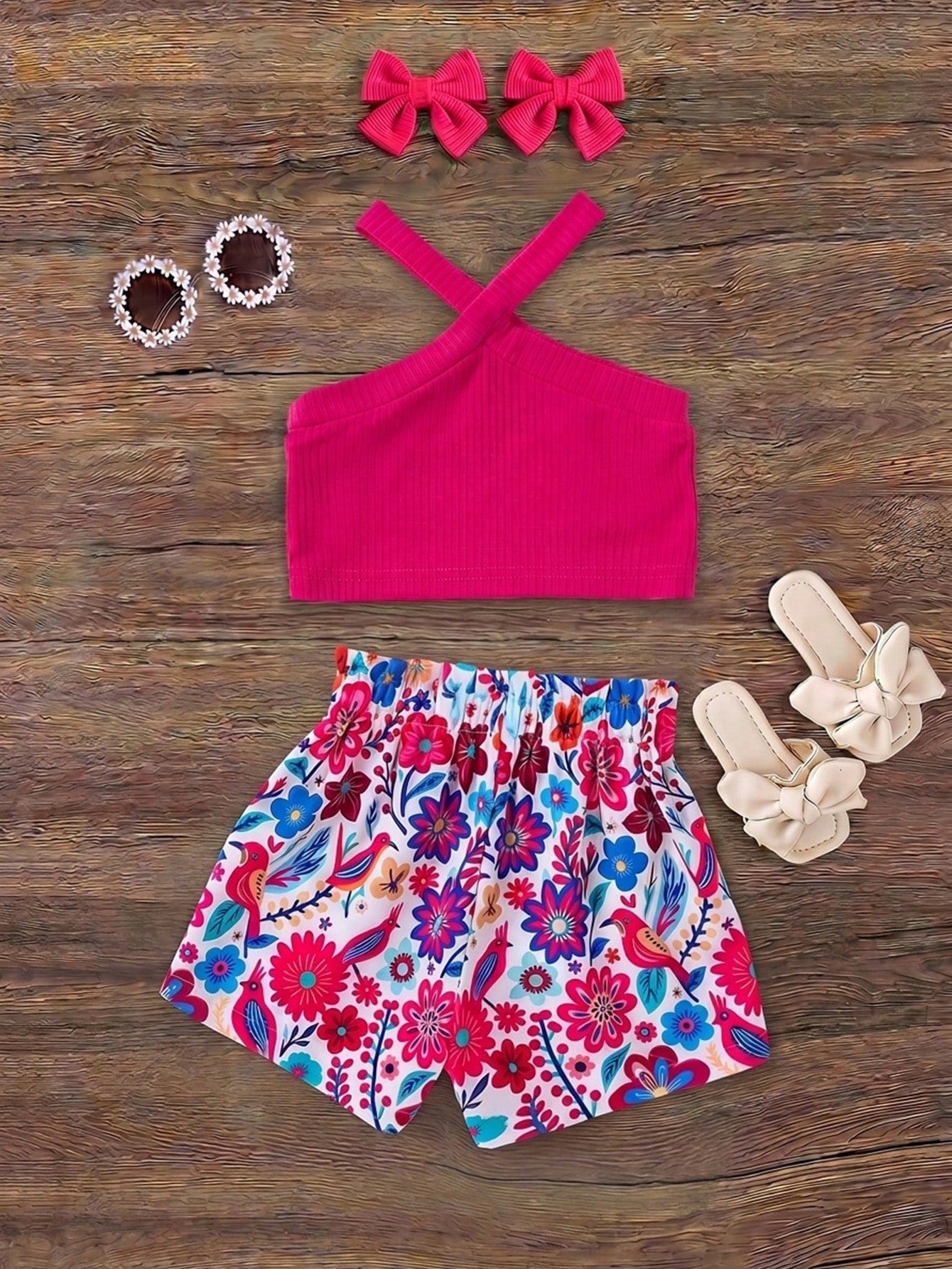 Baby Girl Knitted Solid Color Top And Flower Pattern Shorts Set For Summer Vacation