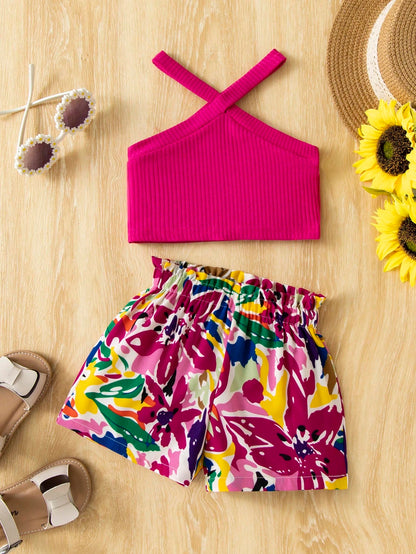 Baby Girl Knitted Solid Color Top And Flower Pattern Shorts Set For Summer Vacation