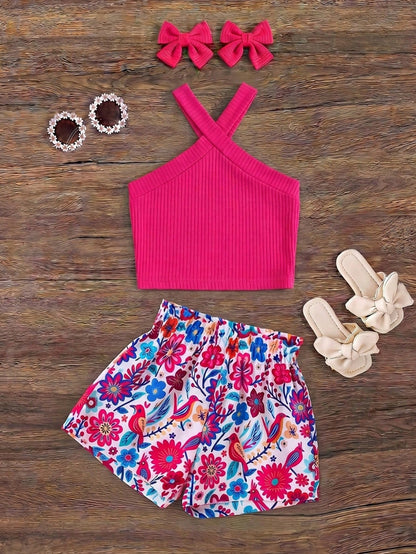 Baby Girl Knitted Solid Color Top And Flower Pattern Shorts Set For Summer Vacation