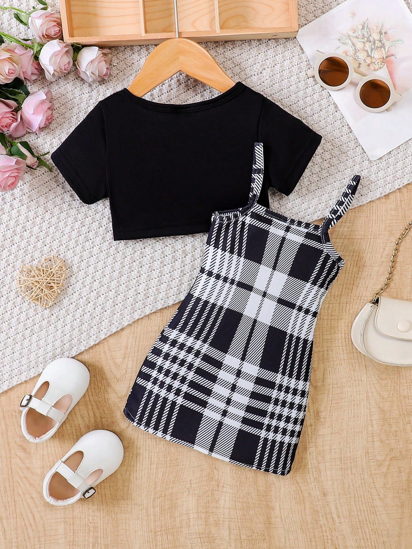 Baby Girl Letter Graphic Tee & Plaid Print Cami Dress, For Christmas