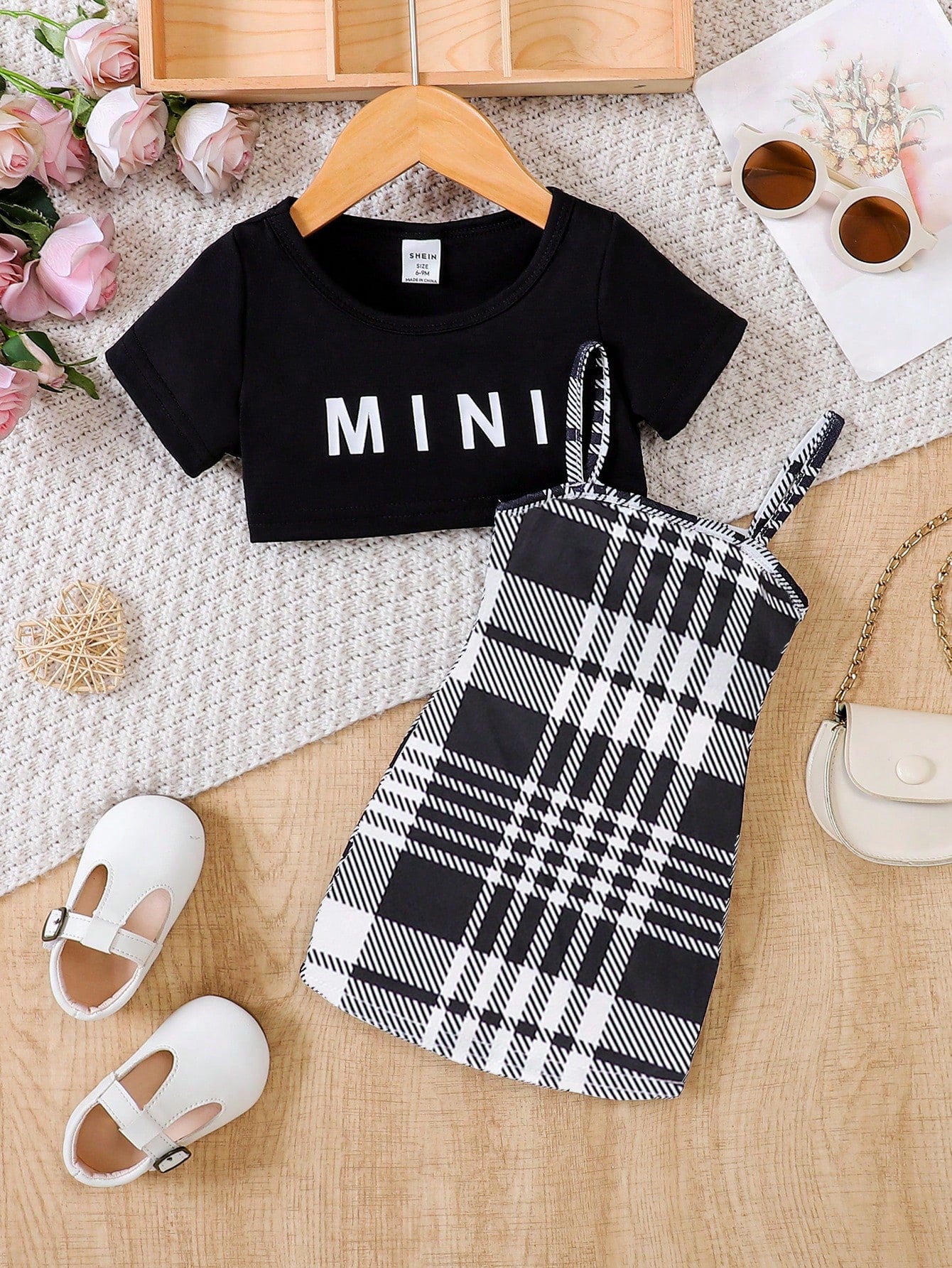 Baby Girl Letter Graphic Tee & Plaid Print Cami Dress, For Christmas