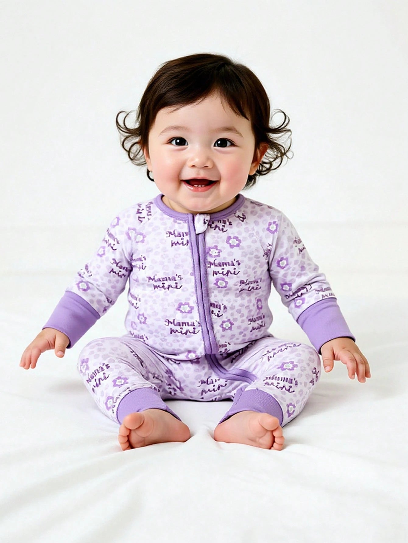 Baby Girl Purple Minimalist Lion & Letter Print Long Sleeve Jumpsuit With Zipper