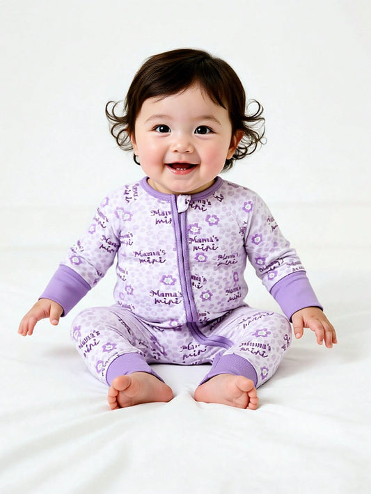 Baby Girl Purple Minimalist Lion & Letter Print Long Sleeve Jumpsuit With Zipper