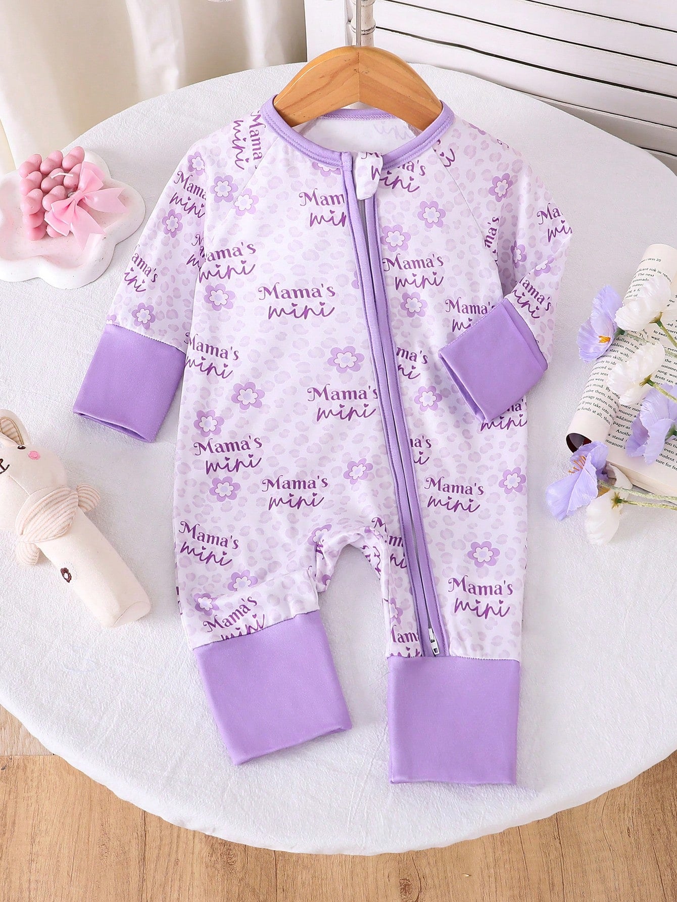 Baby Girl Purple Minimalist Lion & Letter Print Long Sleeve Jumpsuit With Zipper