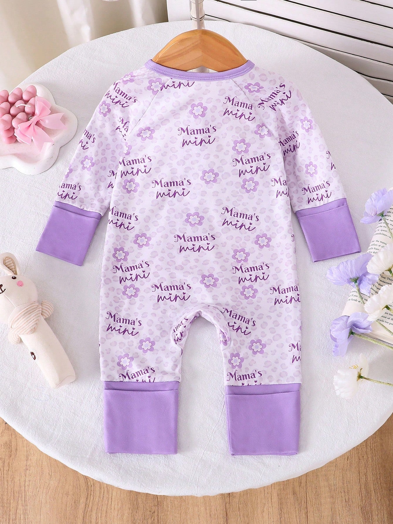 Baby Girl Purple Minimalist Lion & Letter Print Long Sleeve Jumpsuit With Zipper