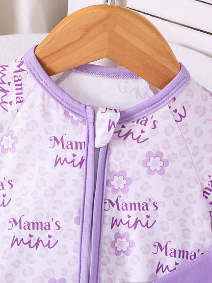 Baby Girl Purple Minimalist Lion & Letter Print Long Sleeve Jumpsuit With Zipper