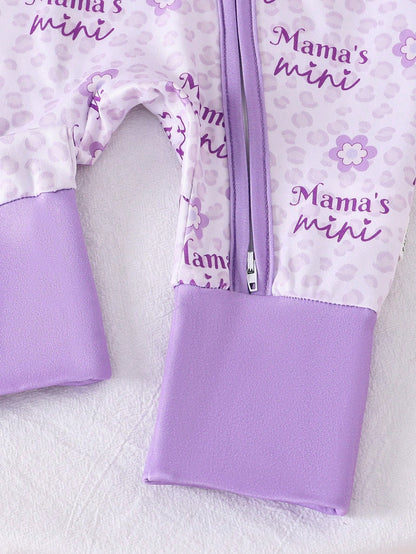 Baby Girl Purple Minimalist Lion & Letter Print Long Sleeve Jumpsuit With Zipper