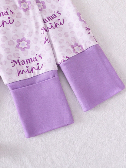 Baby Girl Purple Minimalist Lion & Letter Print Long Sleeve Jumpsuit With Zipper
