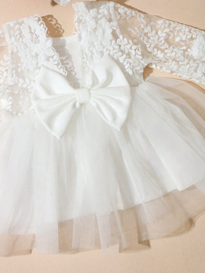 Baby Girl White Lace Dress Baptismal Gown With Headband Back Bowknot Infant Photography Outfits Summer 2016 Aesthetic Wedding Guest Party Clothes