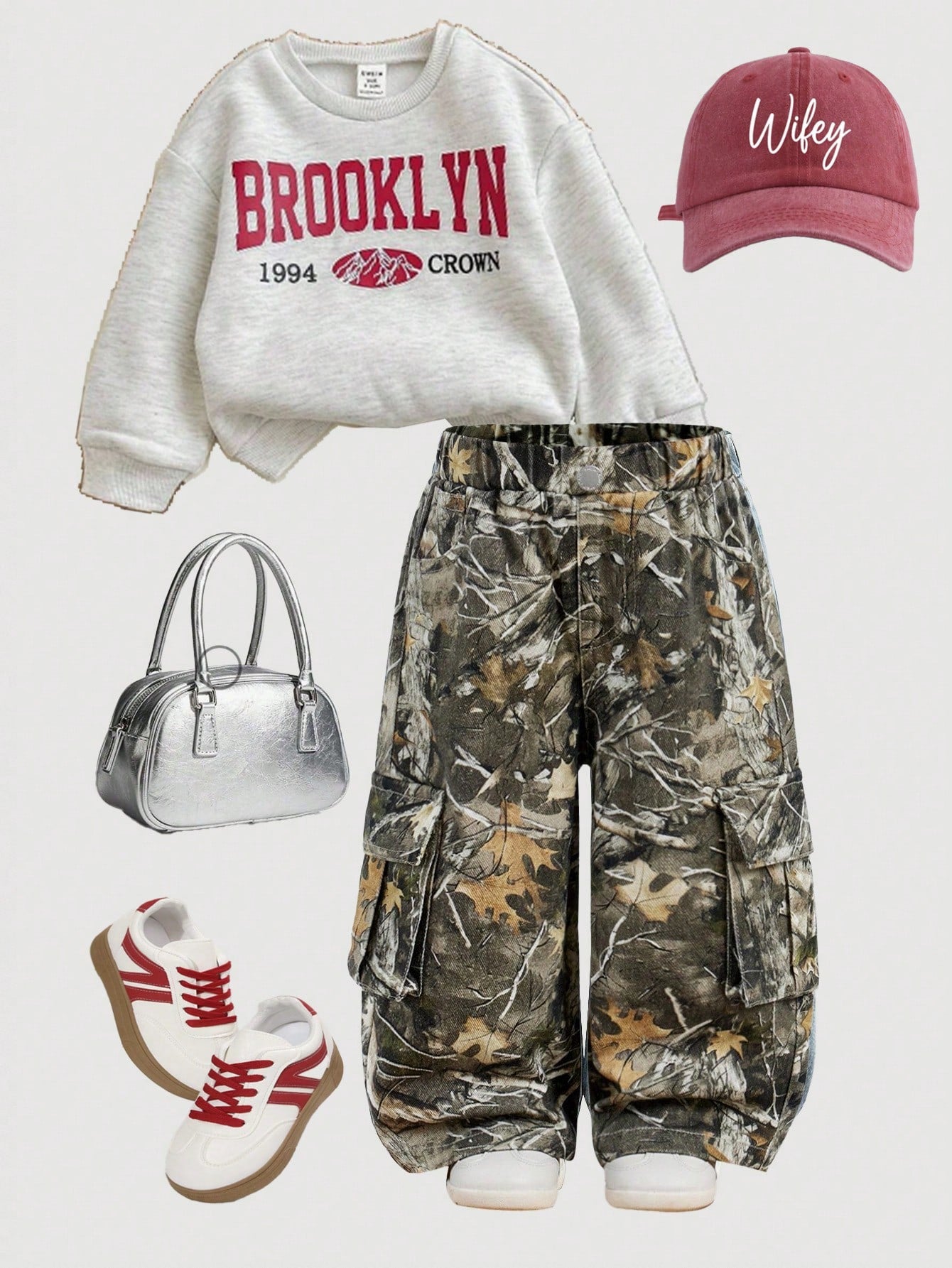 Baby Girl Y2K Camouflage Branch Print Loose Cargo Denim Pants,Fall Clothes,Winter Clothes,Street Wear