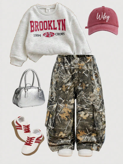 Baby Girl Y2K Camouflage Branch Print Loose Cargo Denim Pants,Fall Clothes,Winter Clothes,Street Wear