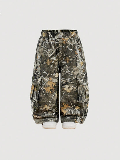 Baby Girl Y2K Camouflage Branch Print Loose Cargo Denim Pants,Fall Clothes,Winter Clothes,Street Wear