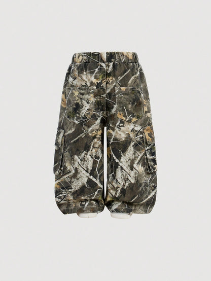 Baby Girl Y2K Camouflage Branch Print Loose Cargo Denim Pants,Fall Clothes,Winter Clothes,Street Wear
