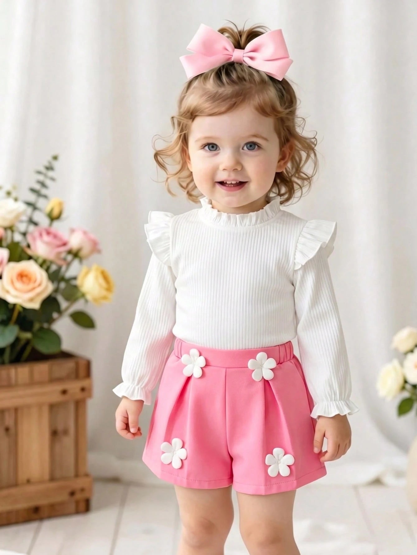 Baby Girls 2pcs School Outfit Set, Autumn New Fashion Versatile Ruffle Collar Ruffle Long Sleeve Ribbed Solid Color Top + 3D Flower Decor Pleated Shorts Set, Suitable For Outdoor Wear