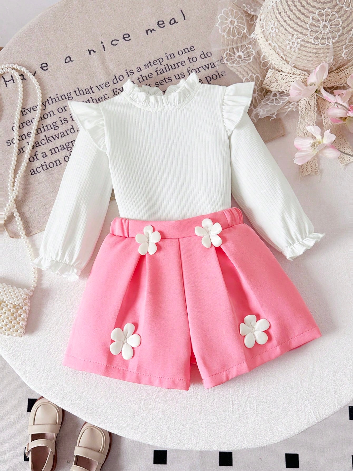 Baby Girls 2pcs School Outfit Set, Autumn New Fashion Versatile Ruffle Collar Ruffle Long Sleeve Ribbed Solid Color Top + 3D Flower Decor Pleated Shorts Set, Suitable For Outdoor Wear