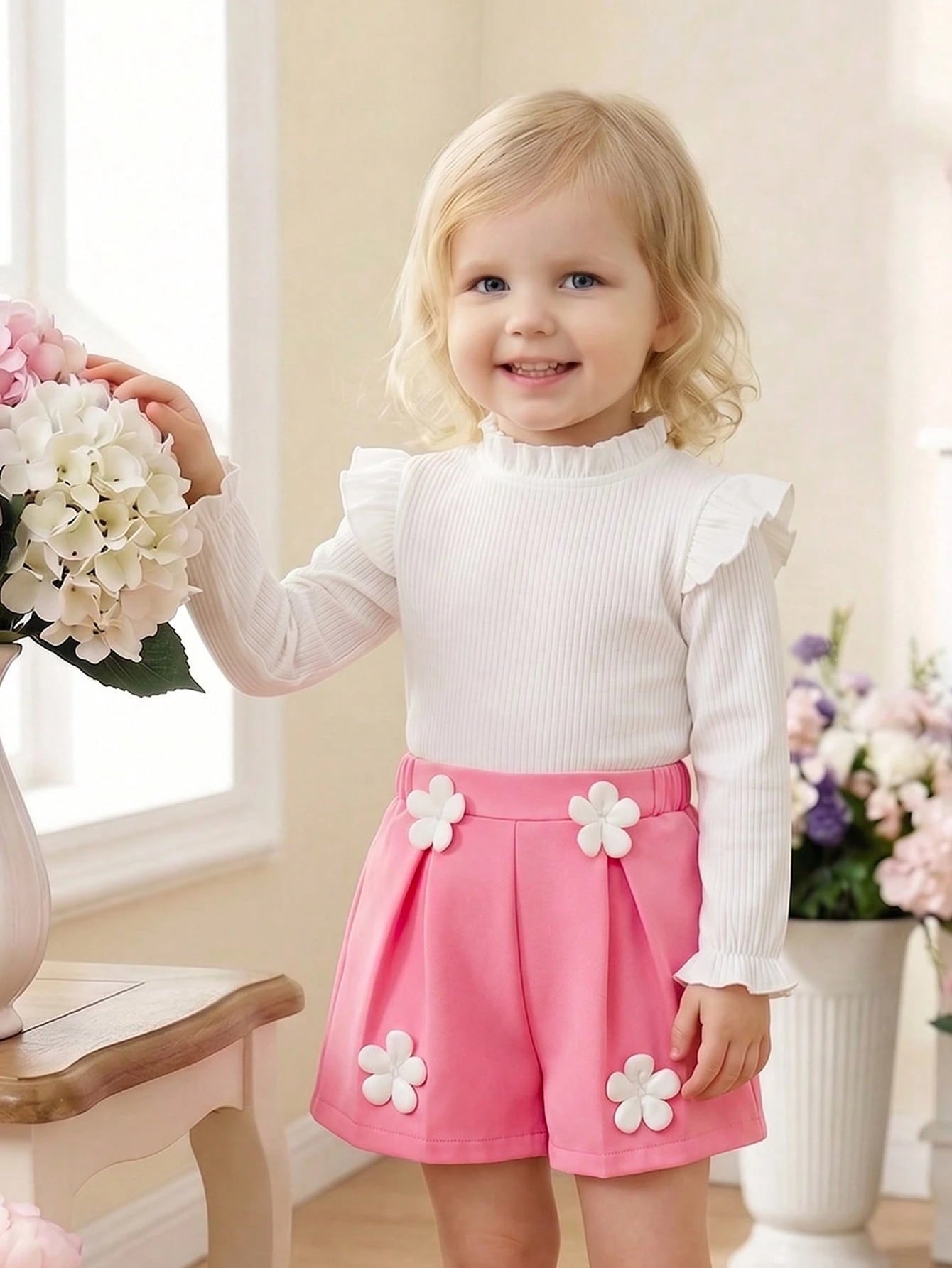 Baby Girls 2pcs School Outfit Set, Autumn New Fashion Versatile Ruffle Collar Ruffle Long Sleeve Ribbed Solid Color Top + 3D Flower Decor Pleated Shorts Set, Suitable For Outdoor Wear