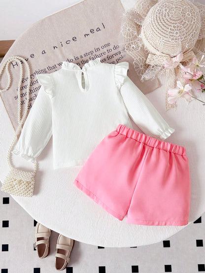 Baby Girls 2pcs School Outfit Set, Autumn New Fashion Versatile Ruffle Collar Ruffle Long Sleeve Ribbed Solid Color Top + 3D Flower Decor Pleated Shorts Set, Suitable For Outdoor Wear