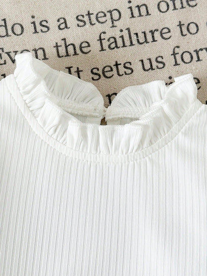 Baby Girls 2pcs School Outfit Set, Autumn New Fashion Versatile Ruffle Collar Ruffle Long Sleeve Ribbed Solid Color Top + 3D Flower Decor Pleated Shorts Set, Suitable For Outdoor Wear