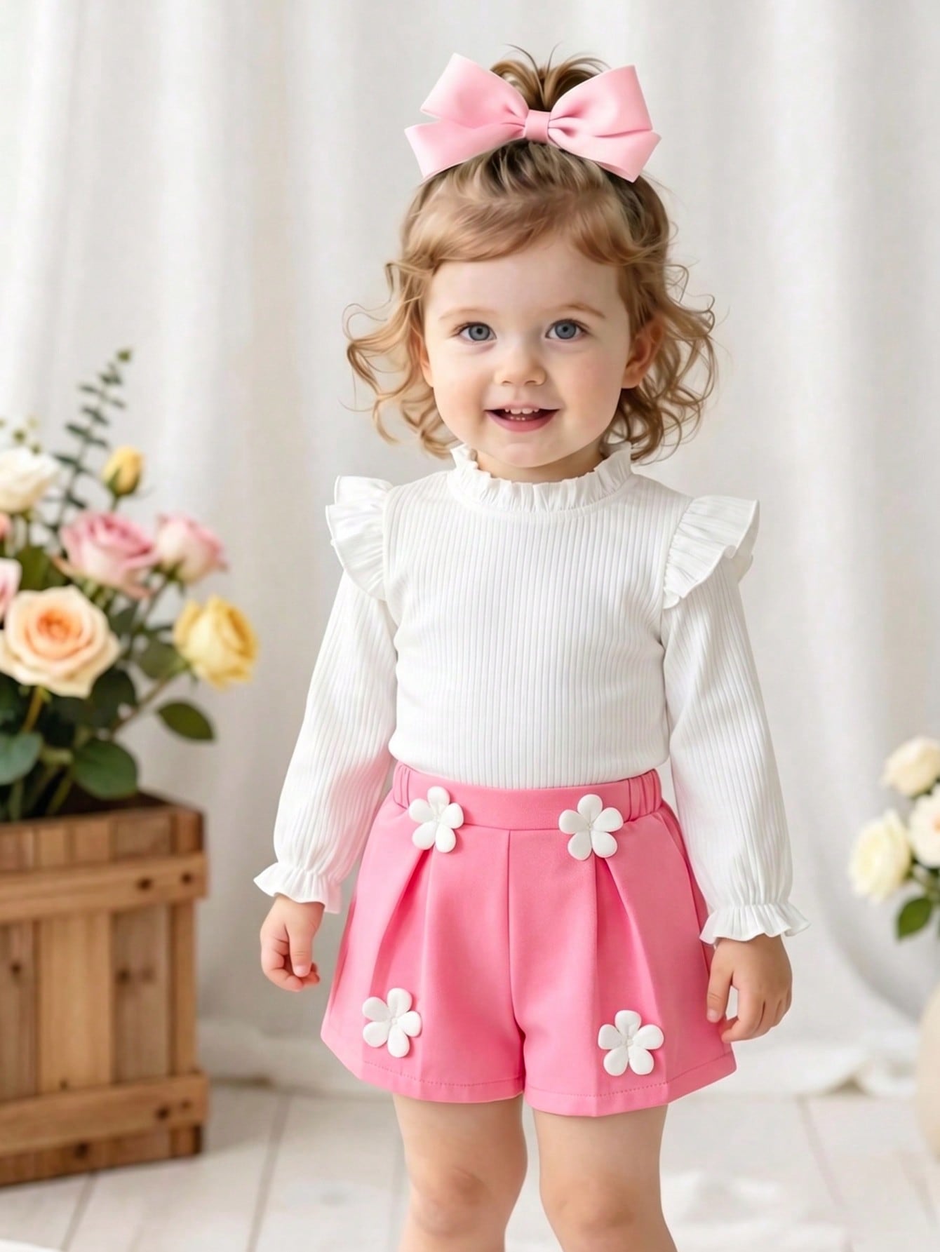 Baby Girls 2pcs School Outfit Set, Autumn New Fashion Versatile Ruffle Collar Ruffle Long Sleeve Ribbed Solid Color Top + 3D Flower Decor Pleated Shorts Set, Suitable For Outdoor Wear