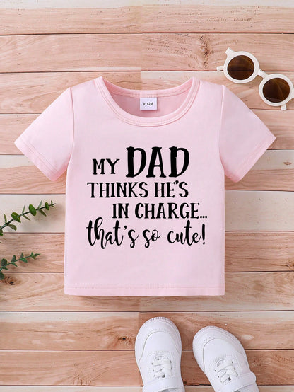 Baby Girls Black English Letter Print Casual Round Neck Short Sleeve Top, Summer