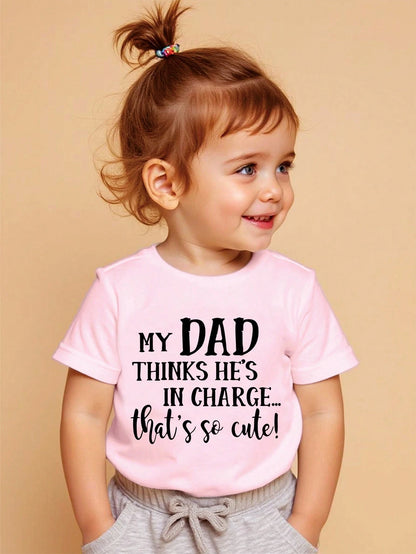 Baby Girls Black English Letter Print Casual Round Neck Short Sleeve Top, Summer