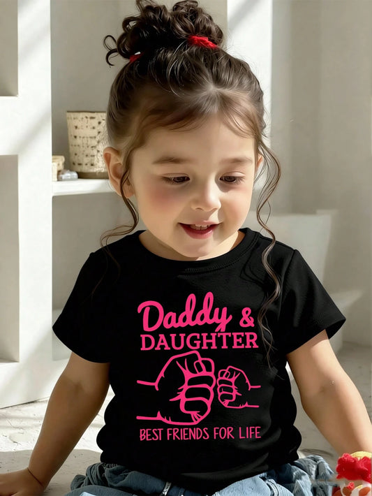 Baby Girls' Casual Pink And Black Summer T-Shirt,Cute Handprint Letter Slogan Graphic Print Short Sleeve Top,Family Matching Relaxed Basic Tee Wear