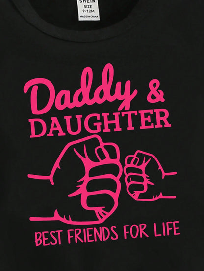 Baby Girls' Casual Pink And Black Summer T-Shirt,Cute Handprint Letter Slogan Graphic Print Short Sleeve Top,Family Matching Relaxed Basic Tee Wear
