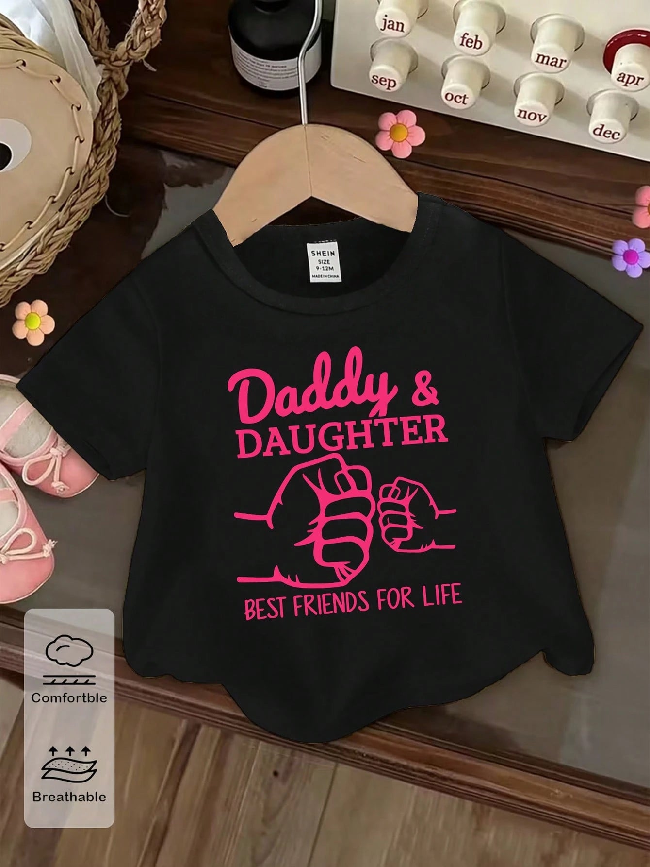 Baby Girls' Casual Pink And Black Summer T-Shirt,Cute Handprint Letter Slogan Graphic Print Short Sleeve Top,Family Matching Relaxed Basic Tee Wear