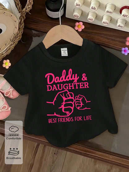 Baby Girls' Casual Pink And Black Summer T-Shirt,Cute Handprint Letter Slogan Graphic Print Short Sleeve Top,Family Matching Relaxed Basic Tee Wear