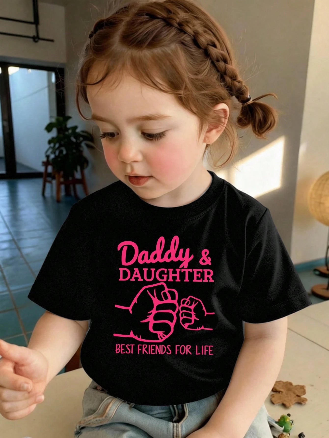 Baby Girls' Casual Pink And Black Summer T-Shirt,Cute Handprint Letter Slogan Graphic Print Short Sleeve Top,Family Matching Relaxed Basic Tee Wear