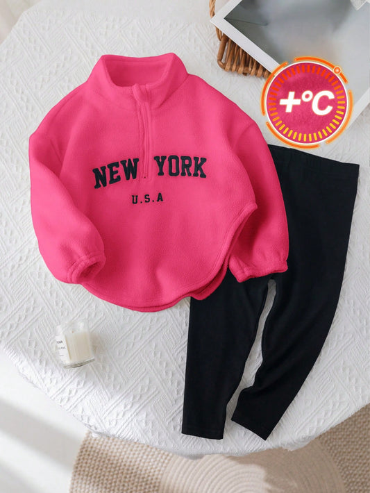 Baby Girls' Cute Letter Print Thermal Lined Stand Collar Sweatshirt And Elastic Waist Pants Set, Autumn/Winter