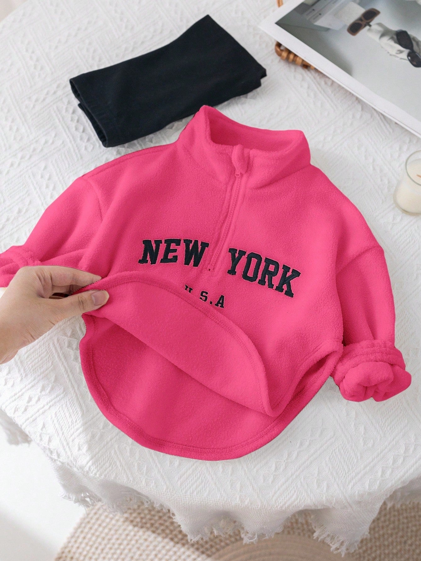 Baby Girls' Cute Letter Print Thermal Lined Stand Collar Sweatshirt And Elastic Waist Pants Set, Autumn/Winter