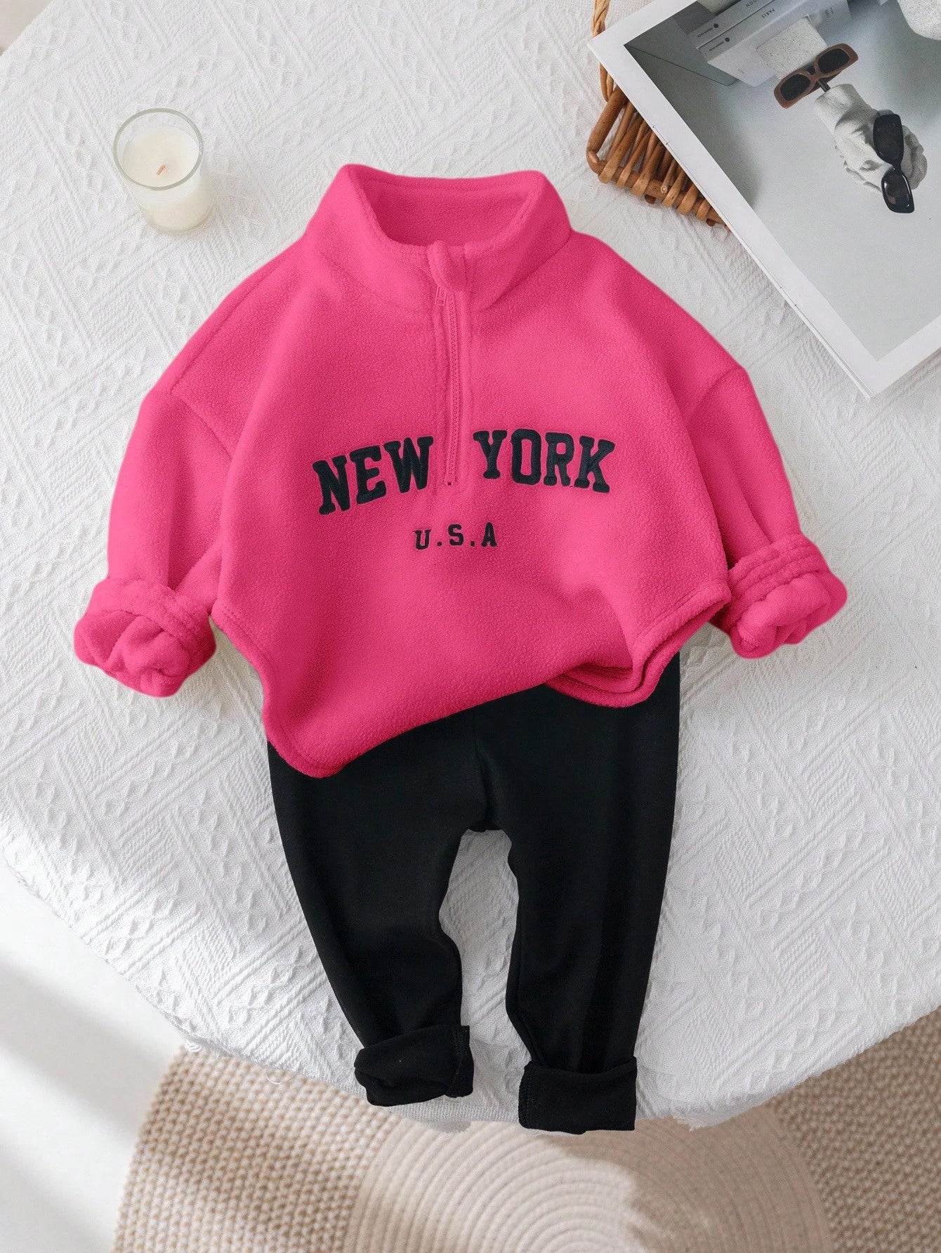 Baby Girls' Cute Letter Print Thermal Lined Stand Collar Sweatshirt And Elastic Waist Pants Set, Autumn/Winter
