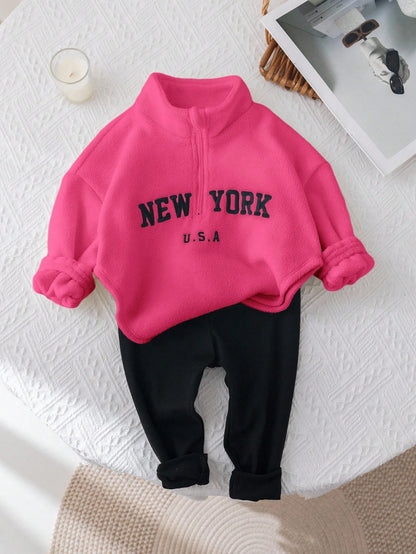 Baby Girls' Cute Letter Print Thermal Lined Stand Collar Sweatshirt And Elastic Waist Pants Set, Autumn/Winter