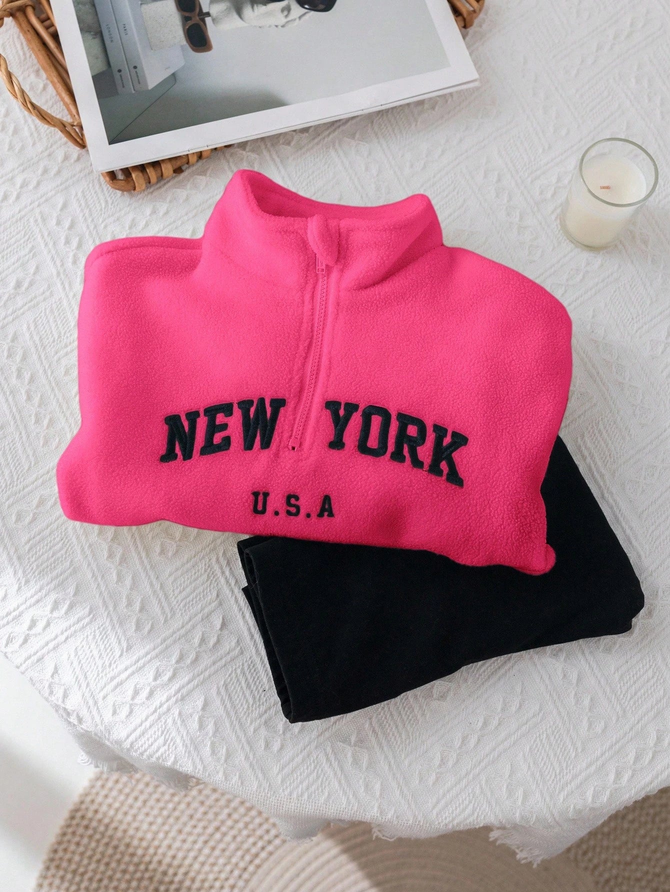 Baby Girls' Cute Letter Print Thermal Lined Stand Collar Sweatshirt And Elastic Waist Pants Set, Autumn/Winter