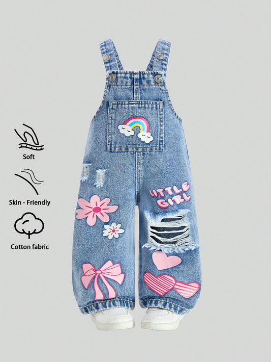 Baby Girls' Denim Overalls,Light Blue Floral Cute School Autumn Casual Personalized Loose Fit Adjustable Bib Pants,Soft Comfortable Cotton Fabric