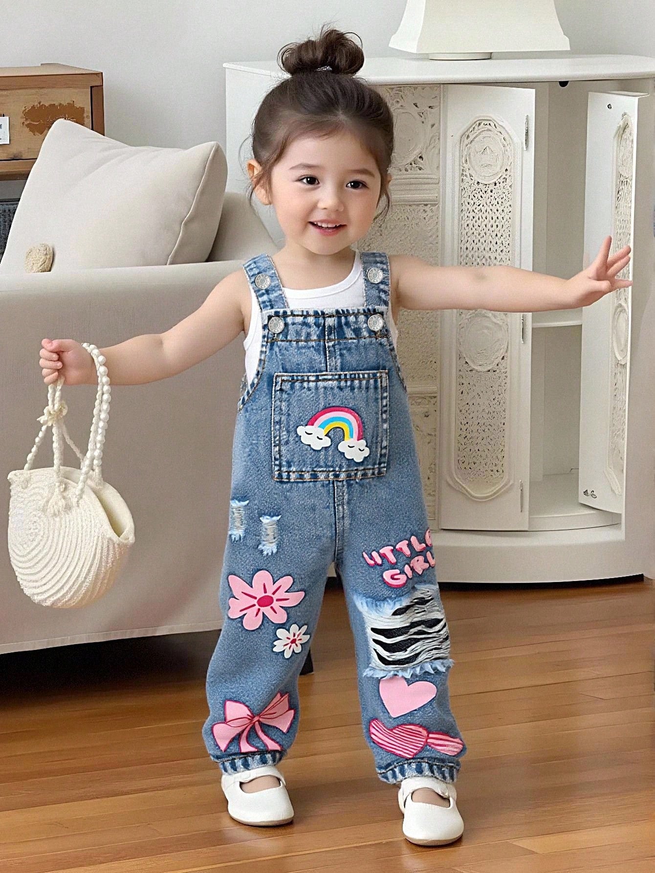 Baby Girls' Denim Overalls,Light Blue Floral Cute School Autumn Casual Personalized Loose Fit Adjustable Bib Pants,Soft Comfortable Cotton Fabric